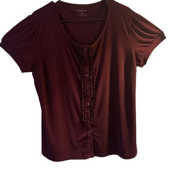 Pre Owned Women’s Van Heusen Blouse Purple Frilly Front Sz XXL Festive Comfort - Picture 1 of 8